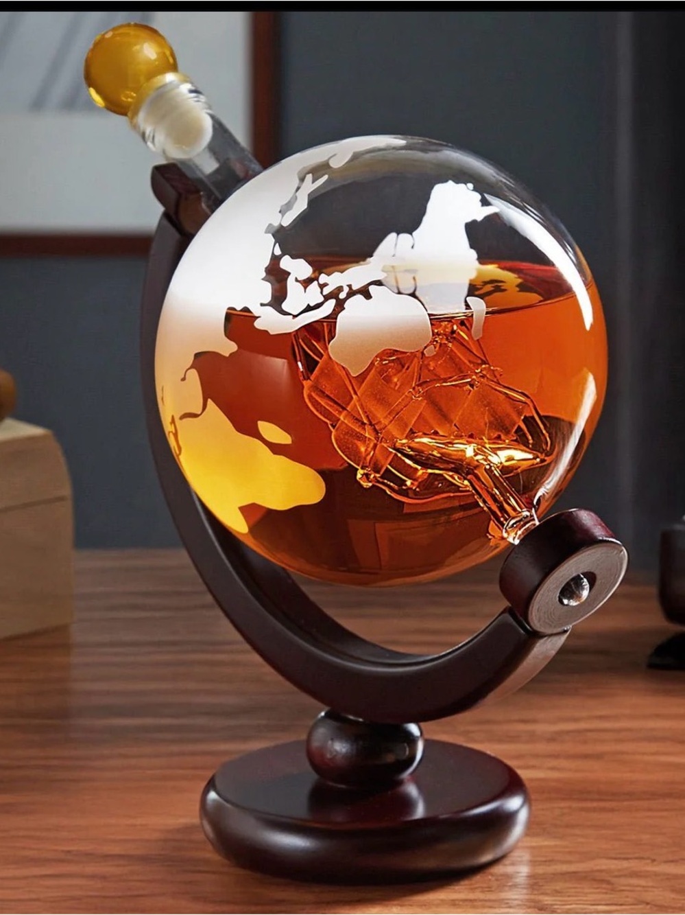 Vintage Glass Globe Ship Decanter on Wooden Stand Frosted World Map Barware